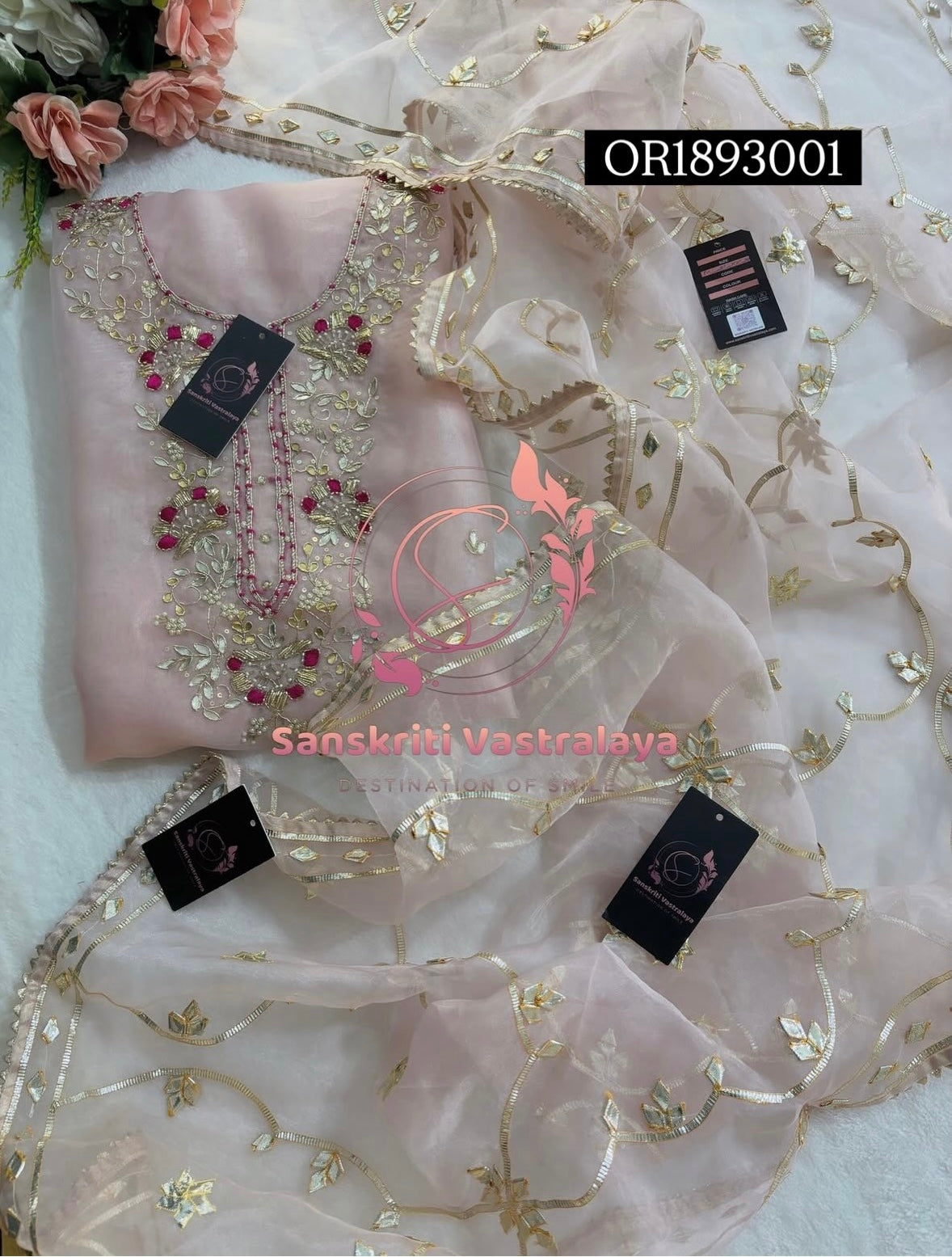 ORGANZA Zardogi Handwork 3pc peach UNSTICHED Suit jaipuri GOTA PATTI  OR1893001