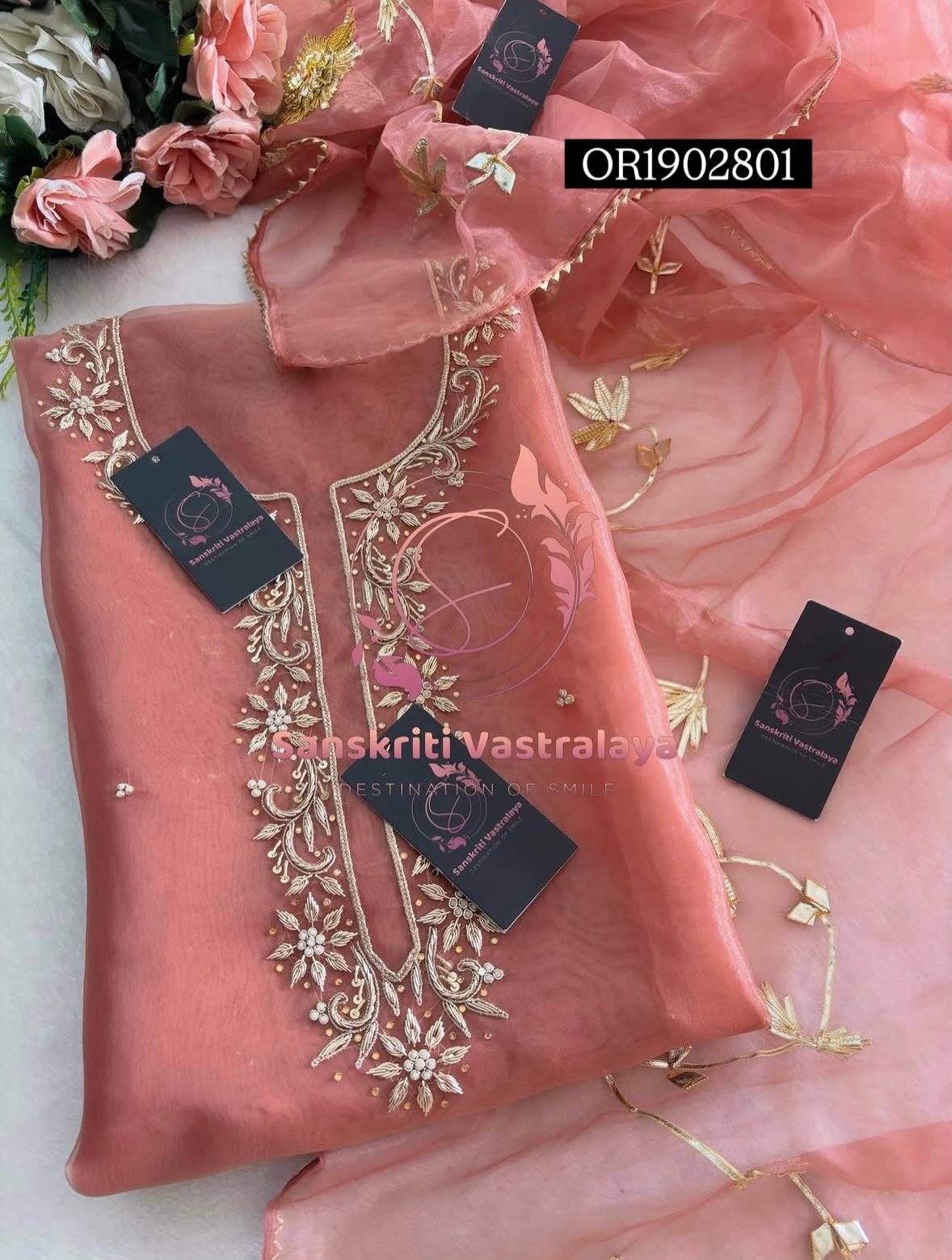 ORGANZA Zardogi Handwork 3pc RUST UNSTICHED Suit jaipuri GOTA PATTI  OR1902801