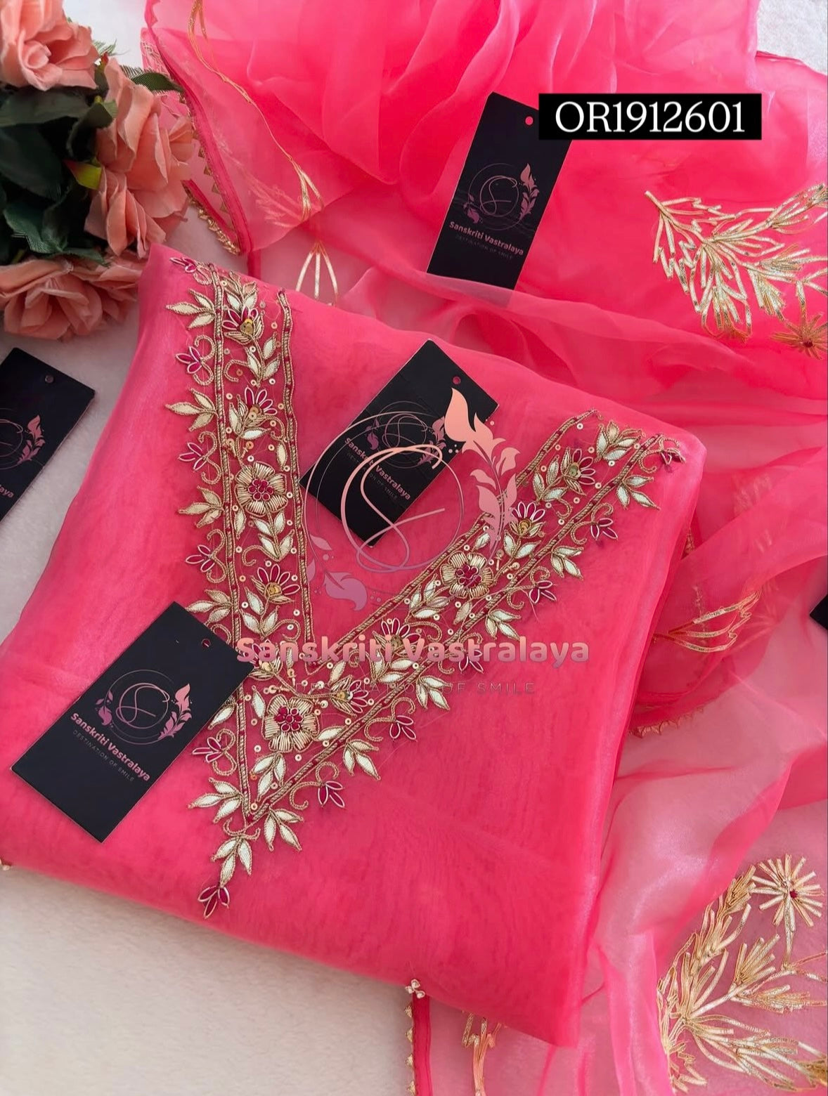 ORGANZA Zardogi Handwork 3pc BABY PINK UNSTICHED Suit jaipuri GOTA PATTI  OR1912601