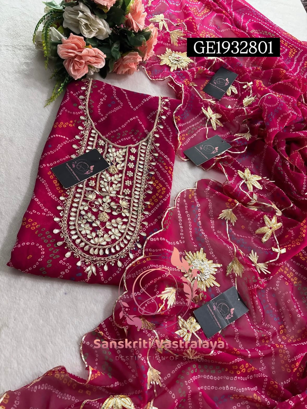 GEORGETTE Zardogi Handwork 3pc  PINK UNSTICHED Suit jaipuri GOTA PATTI  GE1932801