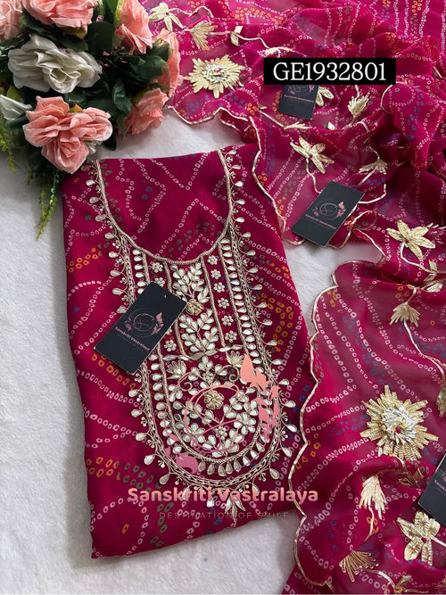 GEORGETTE Zardogi Handwork 3pc  PINK UNSTICHED Suit jaipuri GOTA PATTI  GE1932801