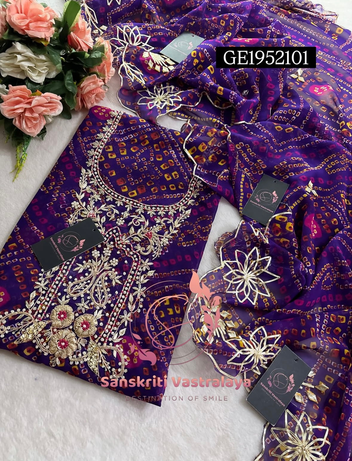 GEORGETTE Zardogi Handwork 3pc  PURPLE UNSTICHED Suit jaipuri GOTA PATTI  GE1952101