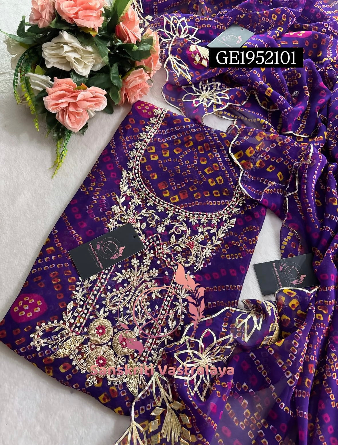 GEORGETTE Zardogi Handwork 3pc  PURPLE UNSTICHED Suit jaipuri GOTA PATTI  GE1952101