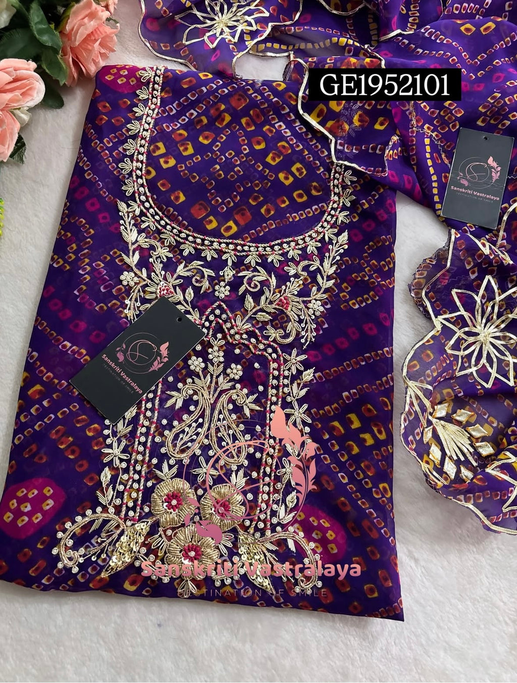 GEORGETTE Zardogi Handwork 3pc  PURPLE UNSTICHED Suit jaipuri GOTA PATTI  GE1952101