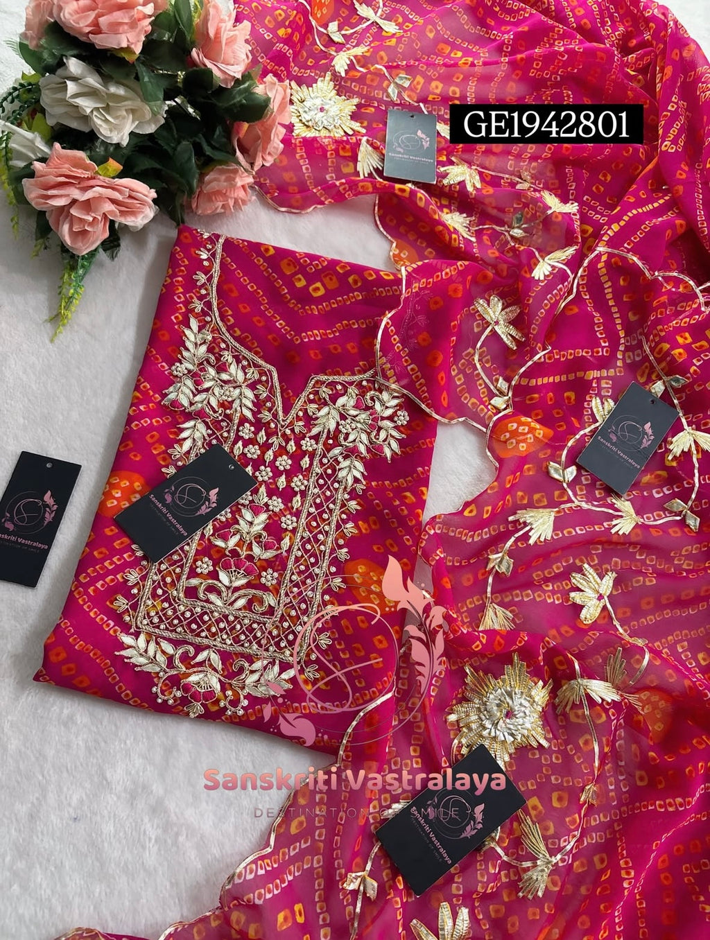 GEORGETTE Zardogi Handwork 3pc  PINK UNSTICHED Suit jaipuri GOTA PATTI  GE1942801