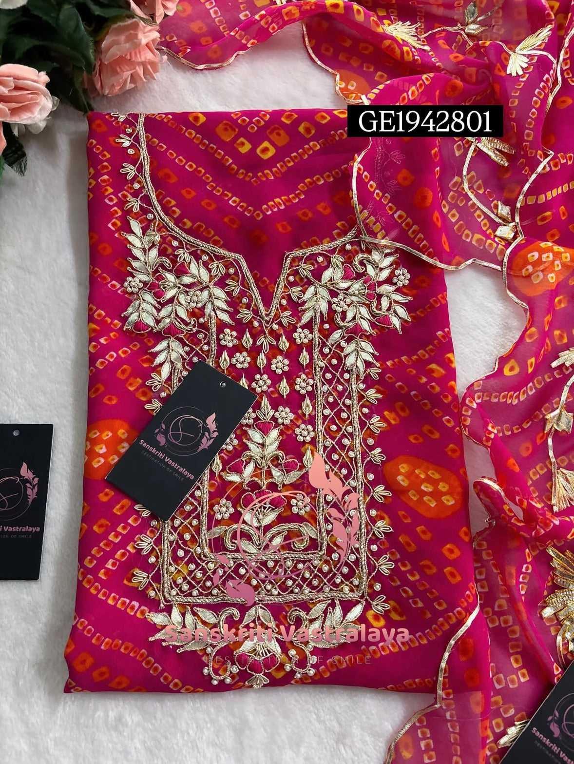 GEORGETTE Zardogi Handwork 3pc  PINK UNSTICHED Suit jaipuri GOTA PATTI  GE1942801
