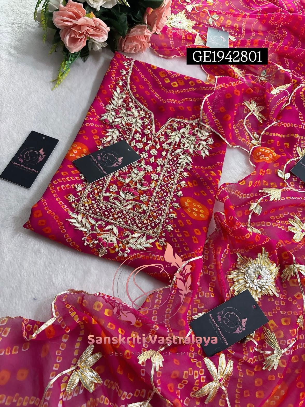 GEORGETTE Zardogi Handwork 3pc  PINK UNSTICHED Suit jaipuri GOTA PATTI  GE1942801