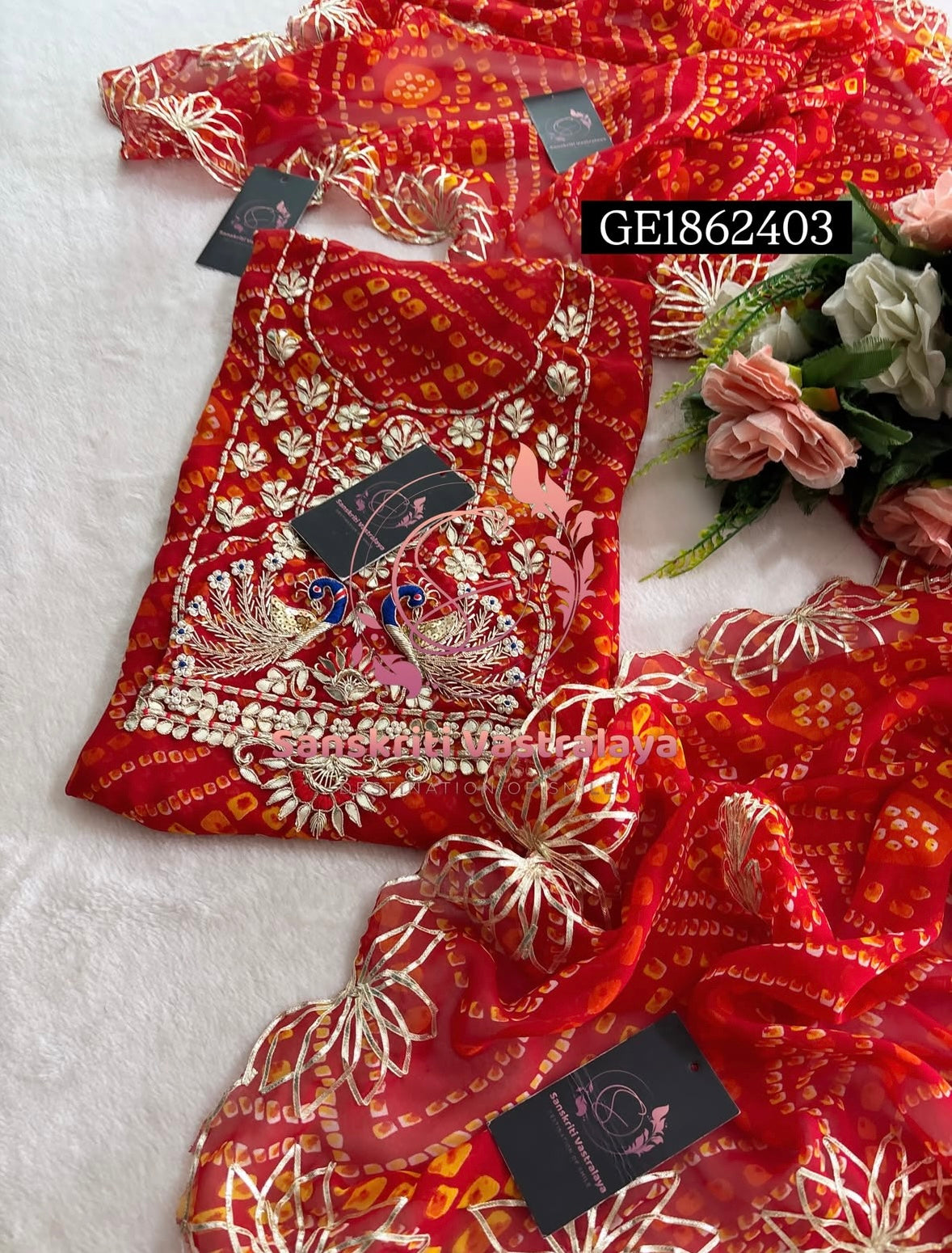GEORGETTE Zardogi Handwork 3pc  RED UNSTICHED Suit jaipuri GOTA PATTI  GE1862403