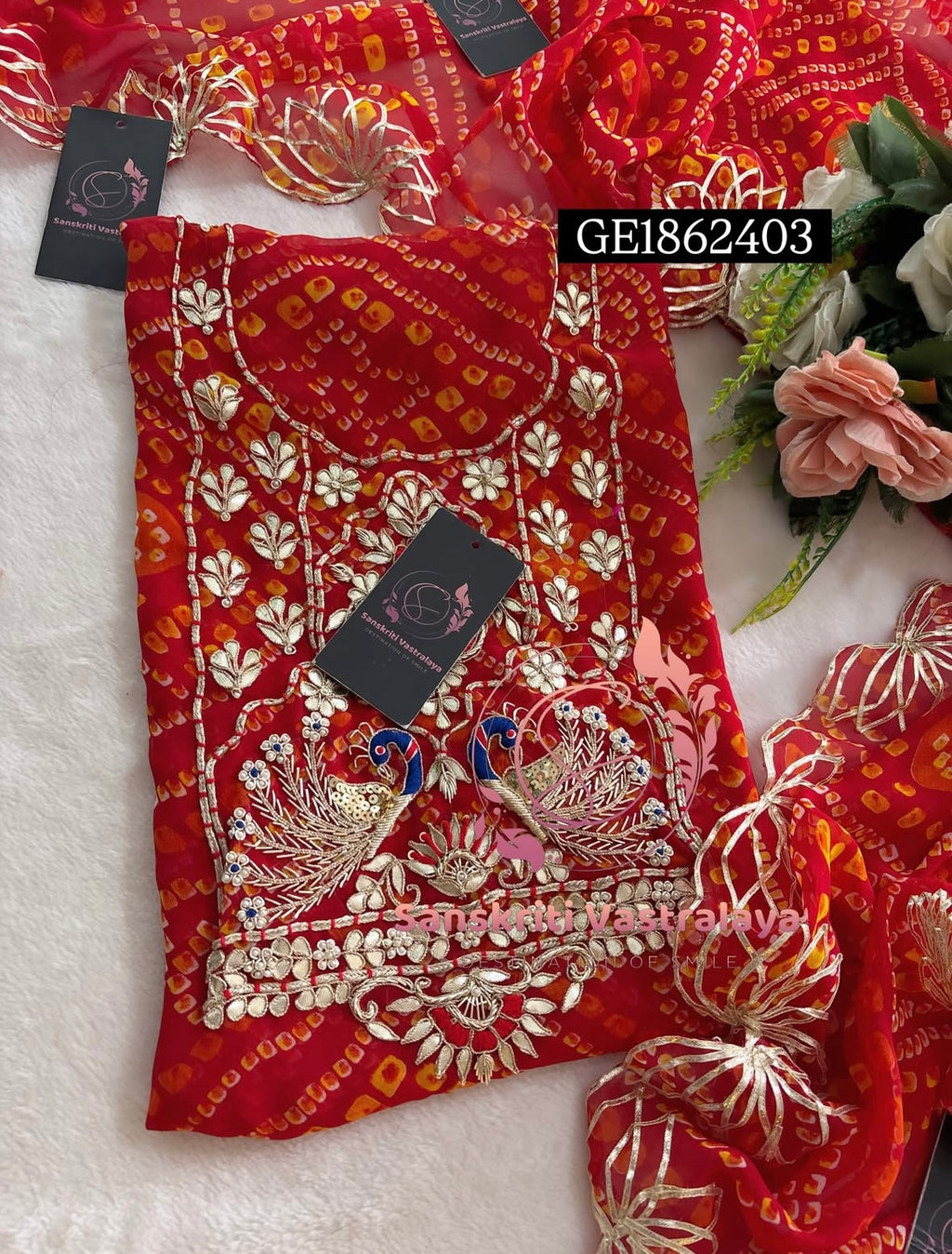 GEORGETTE Zardogi Handwork 3pc  RED UNSTICHED Suit jaipuri GOTA PATTI  GE1862403