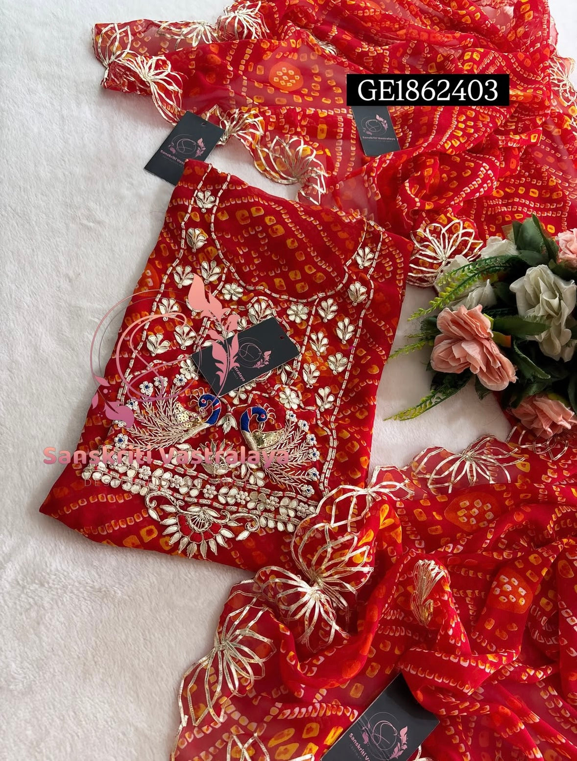 GEORGETTE Zardogi Handwork 3pc  RED UNSTICHED Suit jaipuri GOTA PATTI  GE1862403