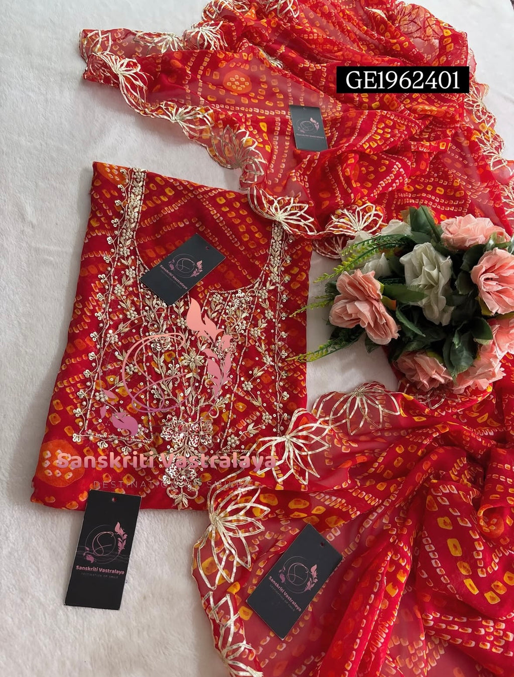GEORGETTE Zardogi Handwork 3pc  RED UNSTICHED Suit jaipuri GOTA PATTI  GE1̮962401