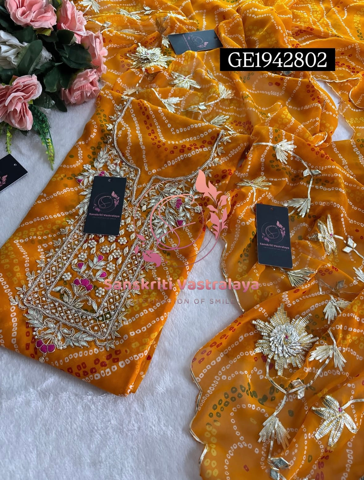 GEORGETTE Zardogi Handwork 3pc  MUSTURD YELLOW UNSTICHED Suit jaipuri GOTA PATTI  GE1942802