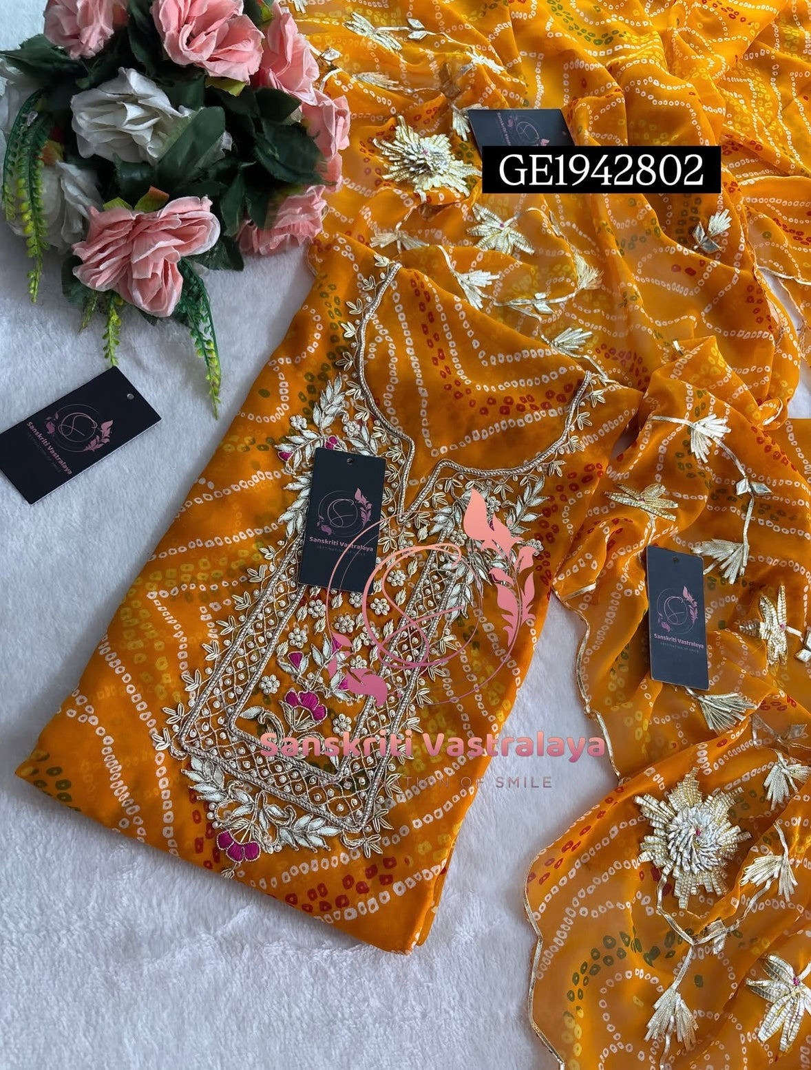 GEORGETTE Zardogi Handwork 3pc  MUSTURD YELLOW UNSTICHED Suit jaipuri GOTA PATTI  GE1942802