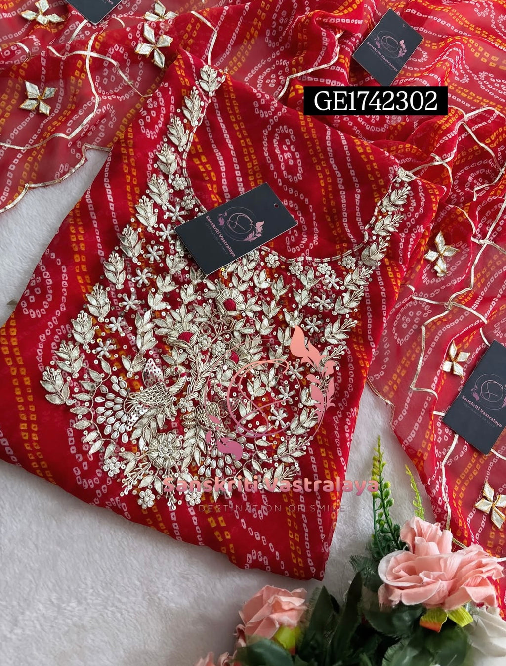 GEORGETTE Zardogi Handwork 3pc  RED UNSTICHED Suit jaipuri GOTA PATTI  GE1742302