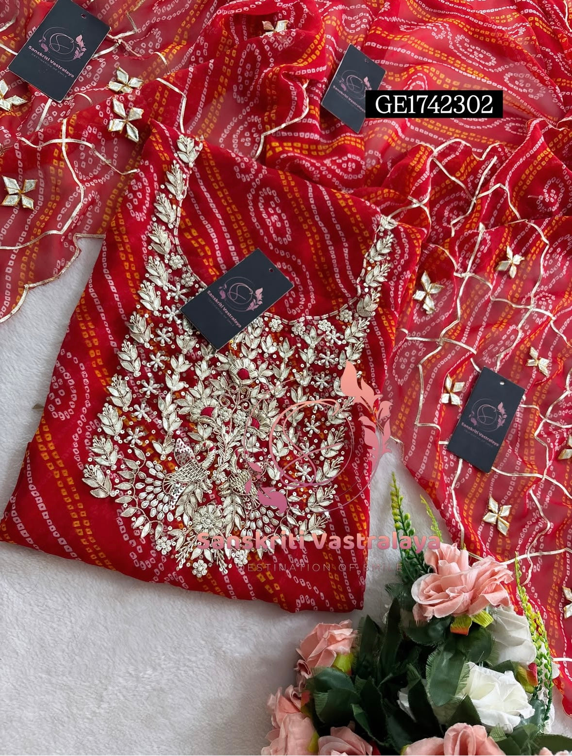 GEORGETTE Zardogi Handwork 3pc  RED UNSTICHED Suit jaipuri GOTA PATTI  GE1742302