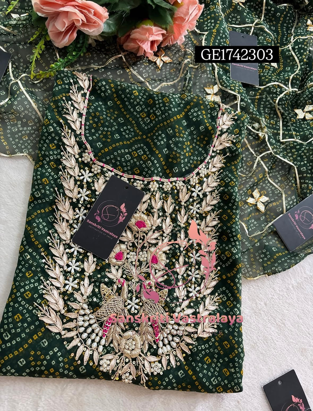GEORGETTE Zardogi Handwork 3pc  BOTTLEGREEN UNSTICHED Suit jaipuri GOTA PATTI  GE1742303