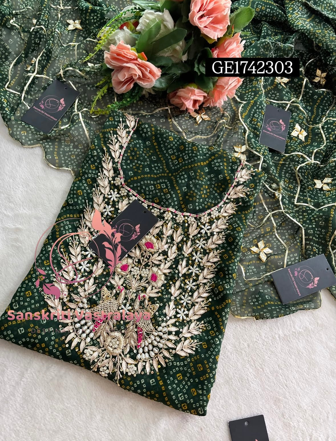 GEORGETTE Zardogi Handwork 3pc  BOTTLEGREEN UNSTICHED Suit jaipuri GOTA PATTI  GE1742303