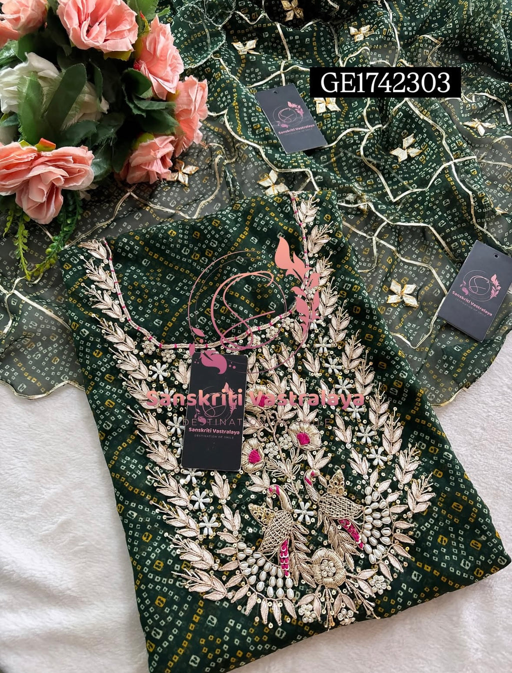 GEORGETTE Zardogi Handwork 3pc  BOTTLEGREEN UNSTICHED Suit jaipuri GOTA PATTI  GE1742303