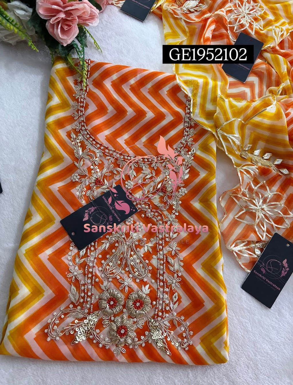 GEORGETTE Zardogi Handwork 3pc  ORANGE MULTI UNSTICHED Suit jaipuri GOTA PATTI  GE1952102