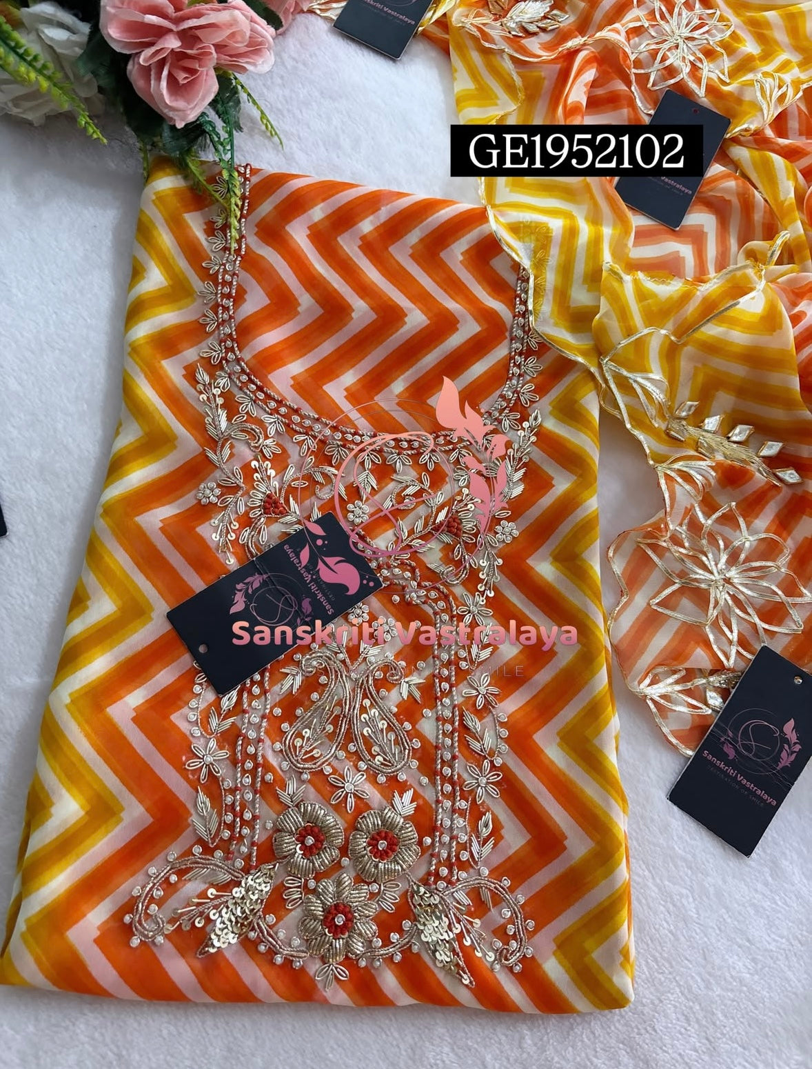GEORGETTE Zardogi Handwork 3pc  ORANGE MULTI UNSTICHED Suit jaipuri GOTA PATTI  GE1952102