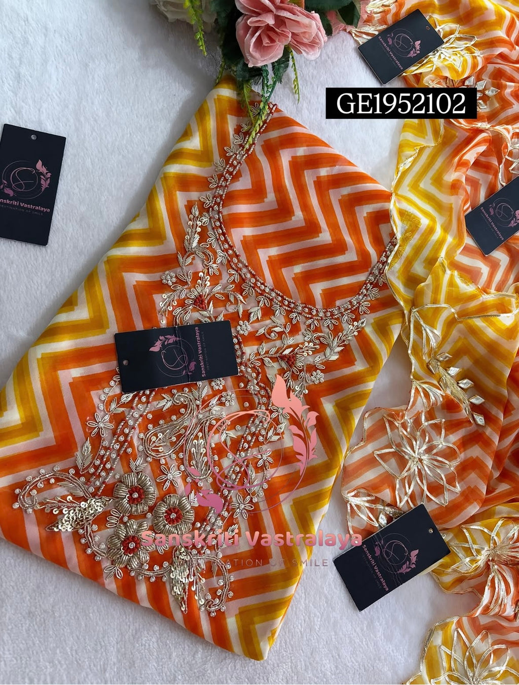 GEORGETTE Zardogi Handwork 3pc  ORANGE MULTI UNSTICHED Suit jaipuri GOTA PATTI  GE1952102