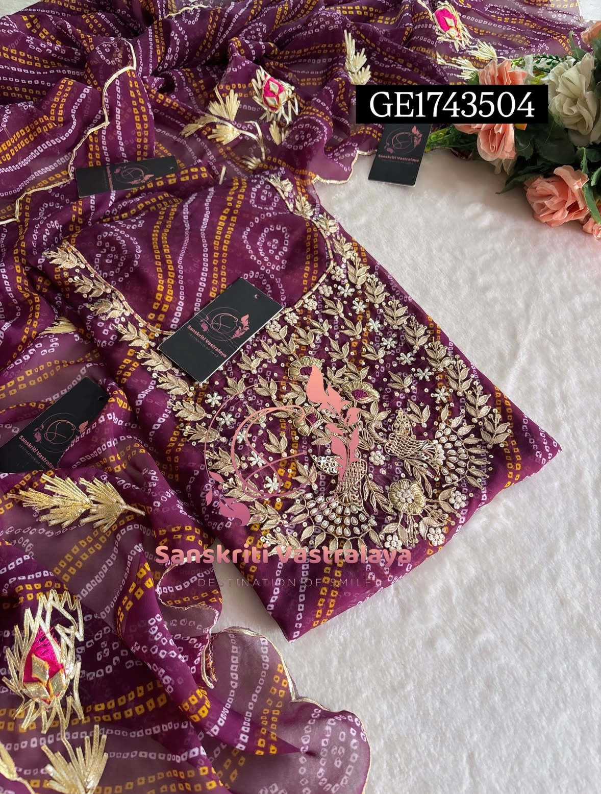 GEORGETTE Zardogi Handwork 3pc  WINE UNSTICHED Suit jaipuri GOTA PATTI  GE1743504