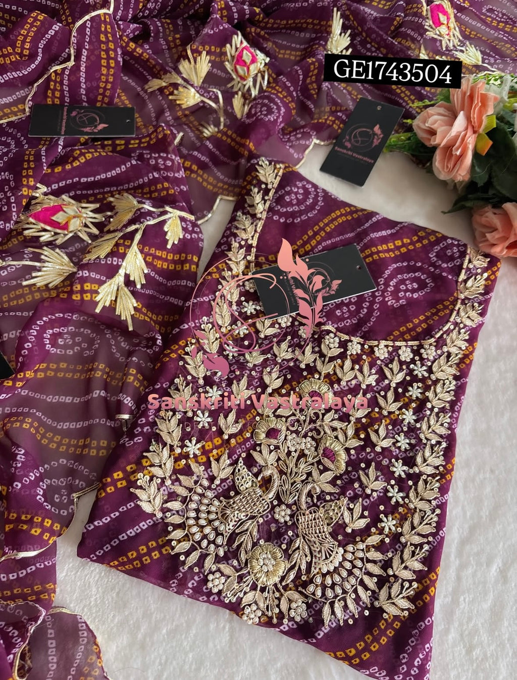 GEORGETTE Zardogi Handwork 3pc  WINE UNSTICHED Suit jaipuri GOTA PATTI  GE1743504