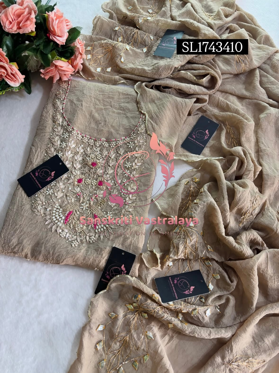 CRUSH TISSUE Zardozi Handwork 3pc UNSTICHED Suit Jaipuri GOTA PATTI  SL1743410