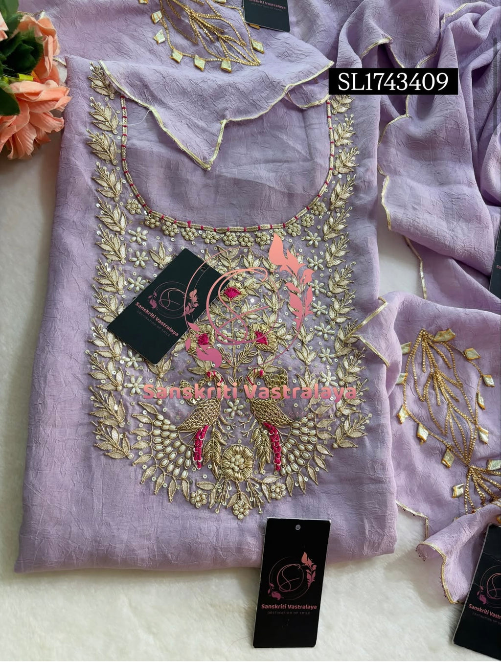 CRUSH TISSUE Zardozi Handwork 3pc LAVENDER UNSTICHED Suit Jaipuri GOTA PATTI  SL1743409