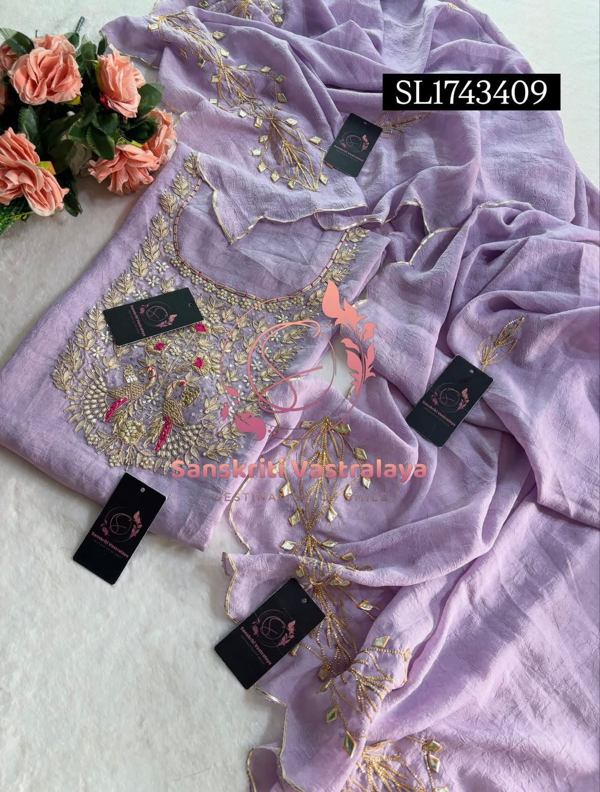CRUSH TISSUE Zardozi Handwork 3pc LAVENDER UNSTICHED Suit Jaipuri GOTA PATTI  SL1743409