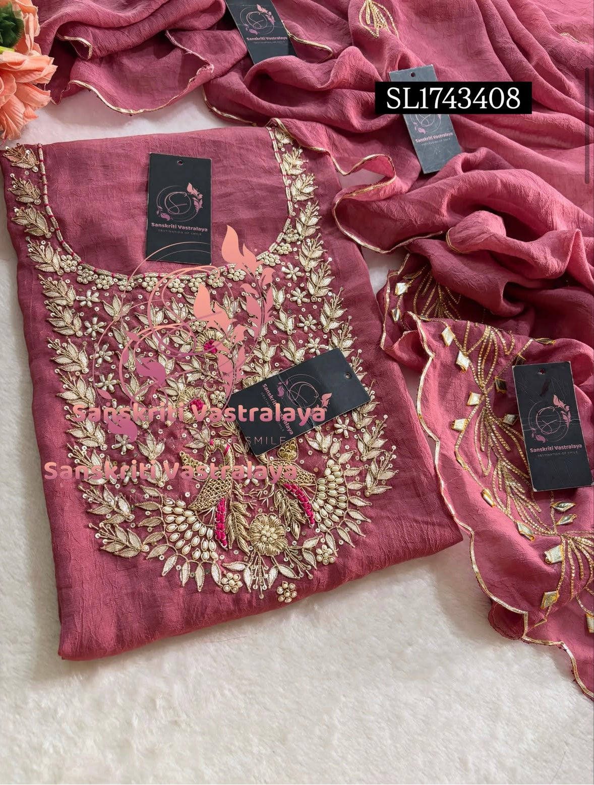 CRUSH TISSUE Zardozi Handwork 3pc ONION UNSTICHED Suit Jaipuri GOTA PATTI  SL1743408