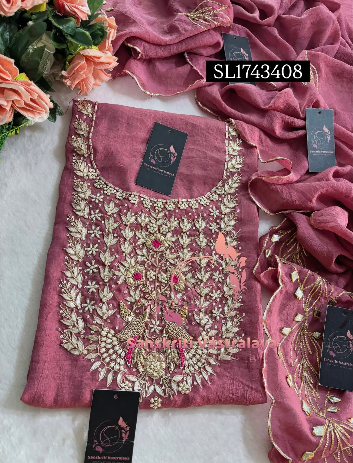 CRUSH TISSUE Zardozi Handwork 3pc UNSTICHED Suit Jaipuri GOTA PATTI  SL1743410