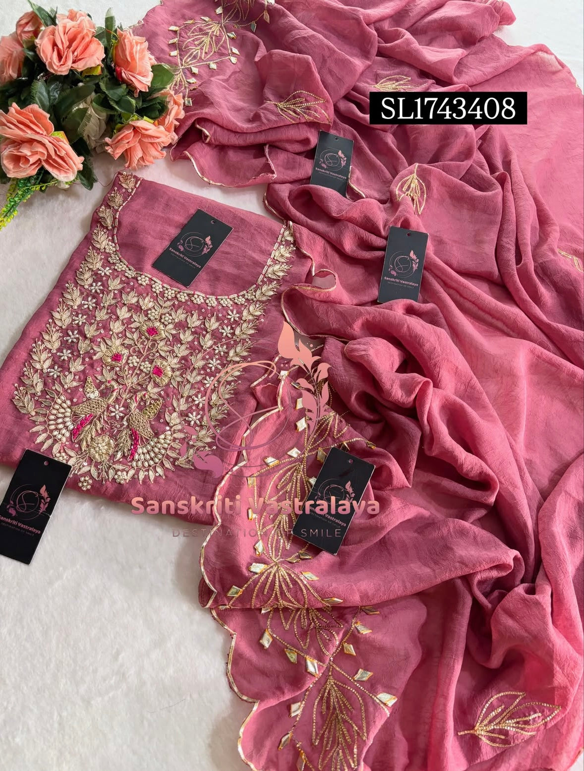 CRUSH TISSUE Zardozi Handwork 3pc ONION UNSTICHED Suit Jaipuri GOTA PATTI  SL1743408