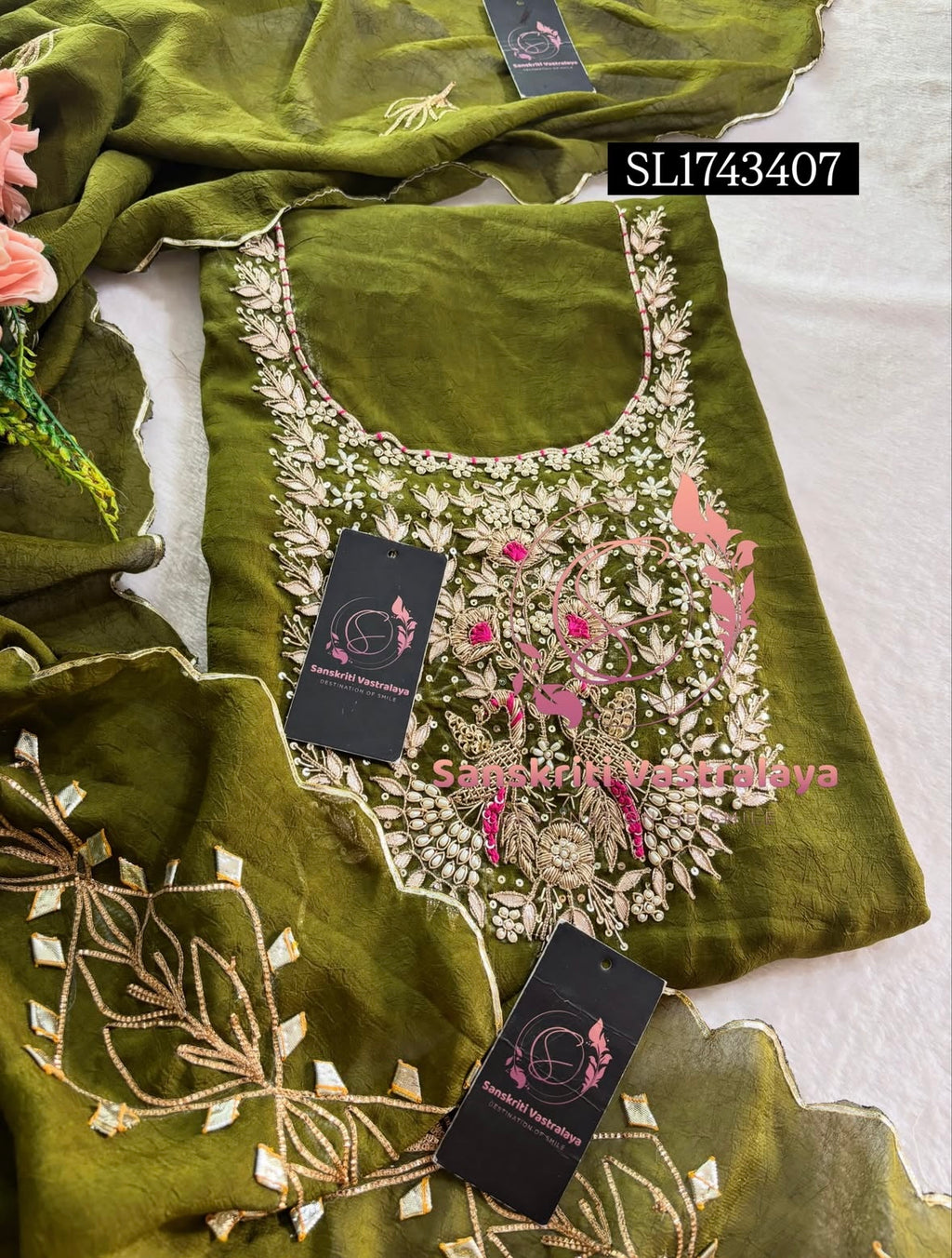 CRUSH TISSUE Zardozi Handwork 3pc OLIVE GREEN UNSTICHED Suit Jaipuri GOTA PATTI  SL1743407