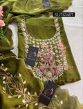 CRUSH TISSUE Zardozi Handwork 3pc OLIVE GREEN UNSTICHED Suit Jaipuri GOTA PATTI  SL1743407