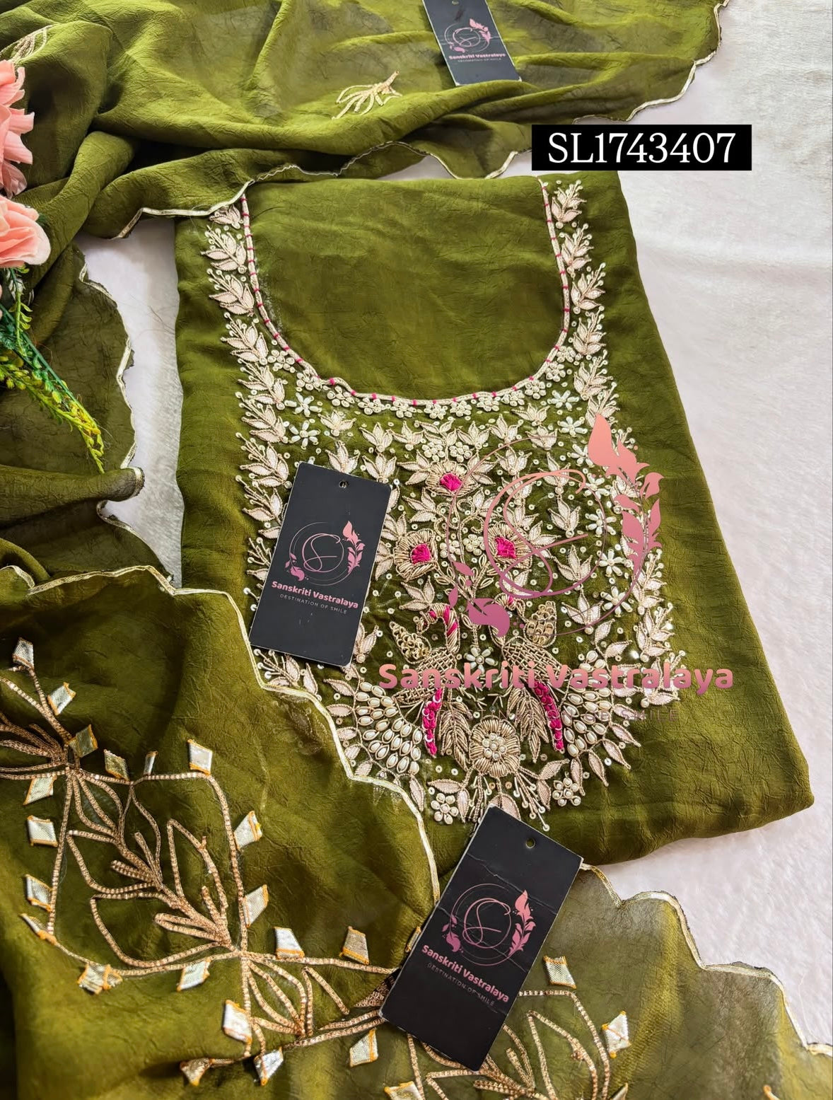 CRUSH TISSUE Zardozi Handwork 3pc OLIVE GREEN UNSTICHED Suit Jaipuri GOTA PATTI  SL1743407