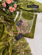 CRUSH TISSUE Zardozi Handwork 3pc OLIVE GREEN UNSTICHED Suit Jaipuri GOTA PATTI  SL1743407