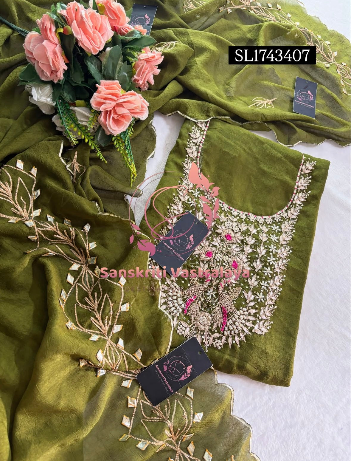 CRUSH TISSUE Zardozi Handwork 3pc OLIVE GREEN UNSTICHED Suit Jaipuri GOTA PATTI  SL1743407