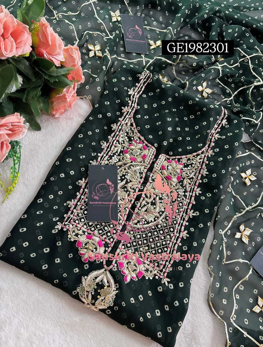 GEORGETTE Zardozi Handwork 3pc  BOTTLE GREEN  UNSTICHED Suit jaipuri GOTA PATTI  GE1982301