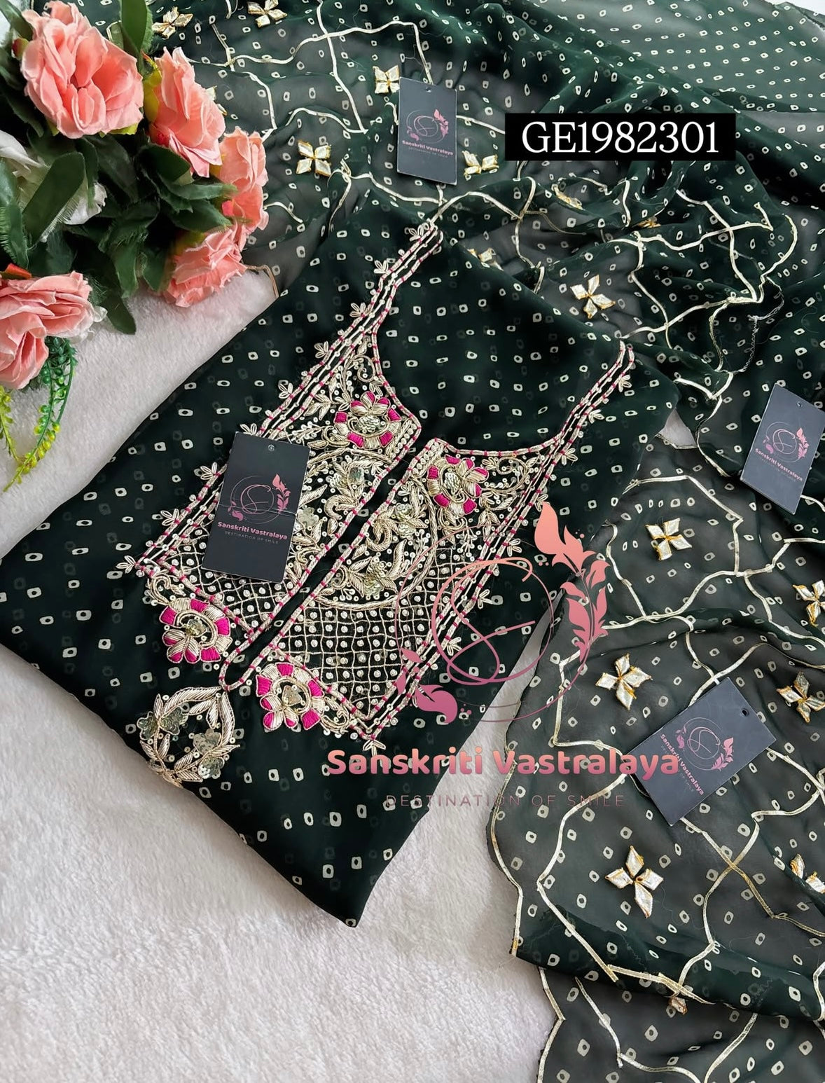 GEORGETTE Zardozi Handwork 3pc  BOTTLE GREEN  UNSTICHED Suit jaipuri GOTA PATTI  GE1982301