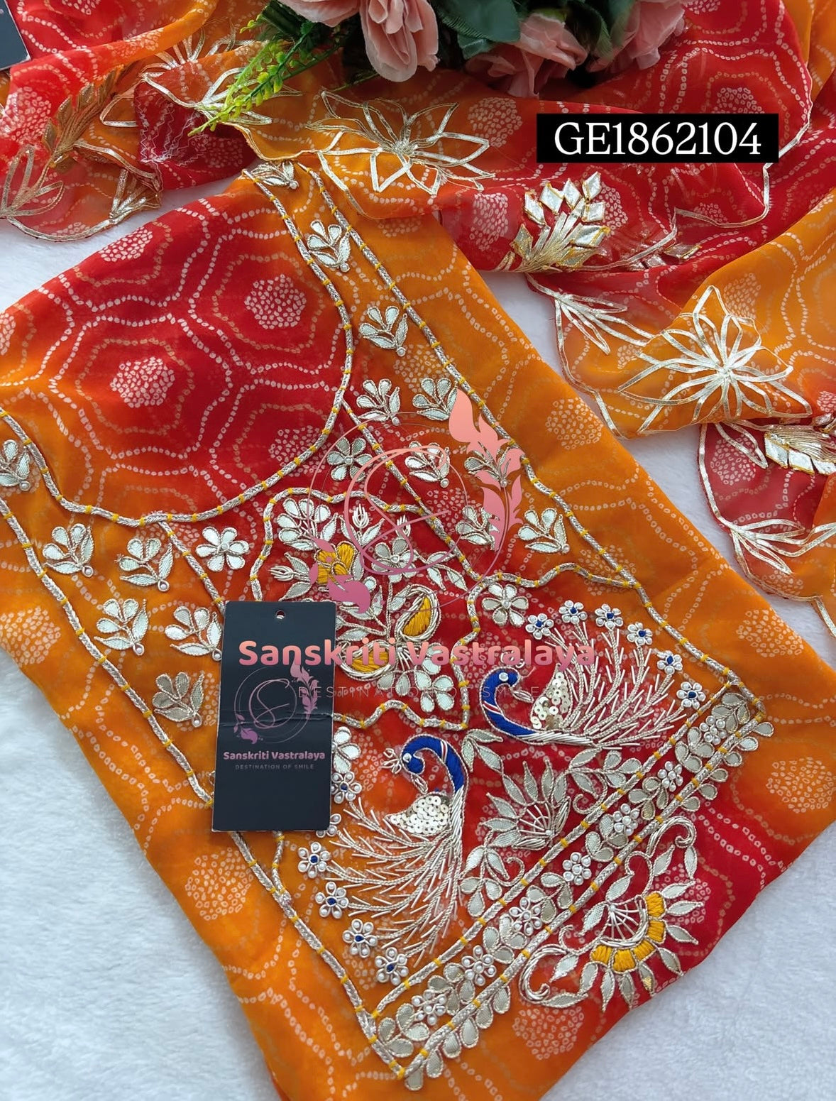 GEORGETTE Zardozi Handwork 3pc MULTI ORANGE  UNSTICHED Suit Jaipuri GOTA PATTI GE1862104