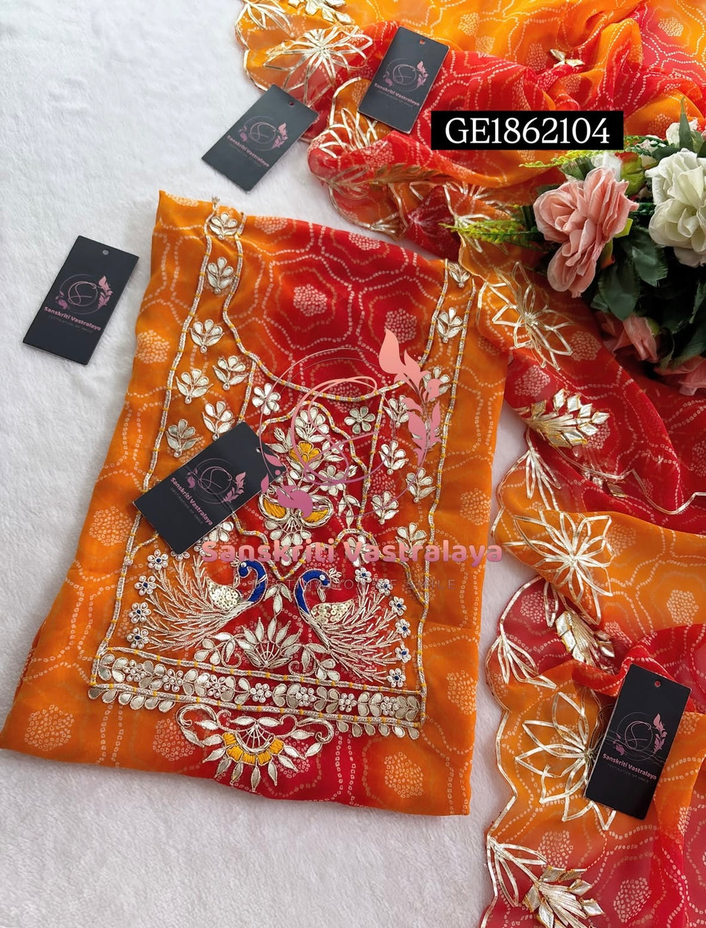 GEORGETTE Zardozi Handwork 3pc MULTI ORANGE  UNSTICHED Suit Jaipuri GOTA PATTI GE1862104