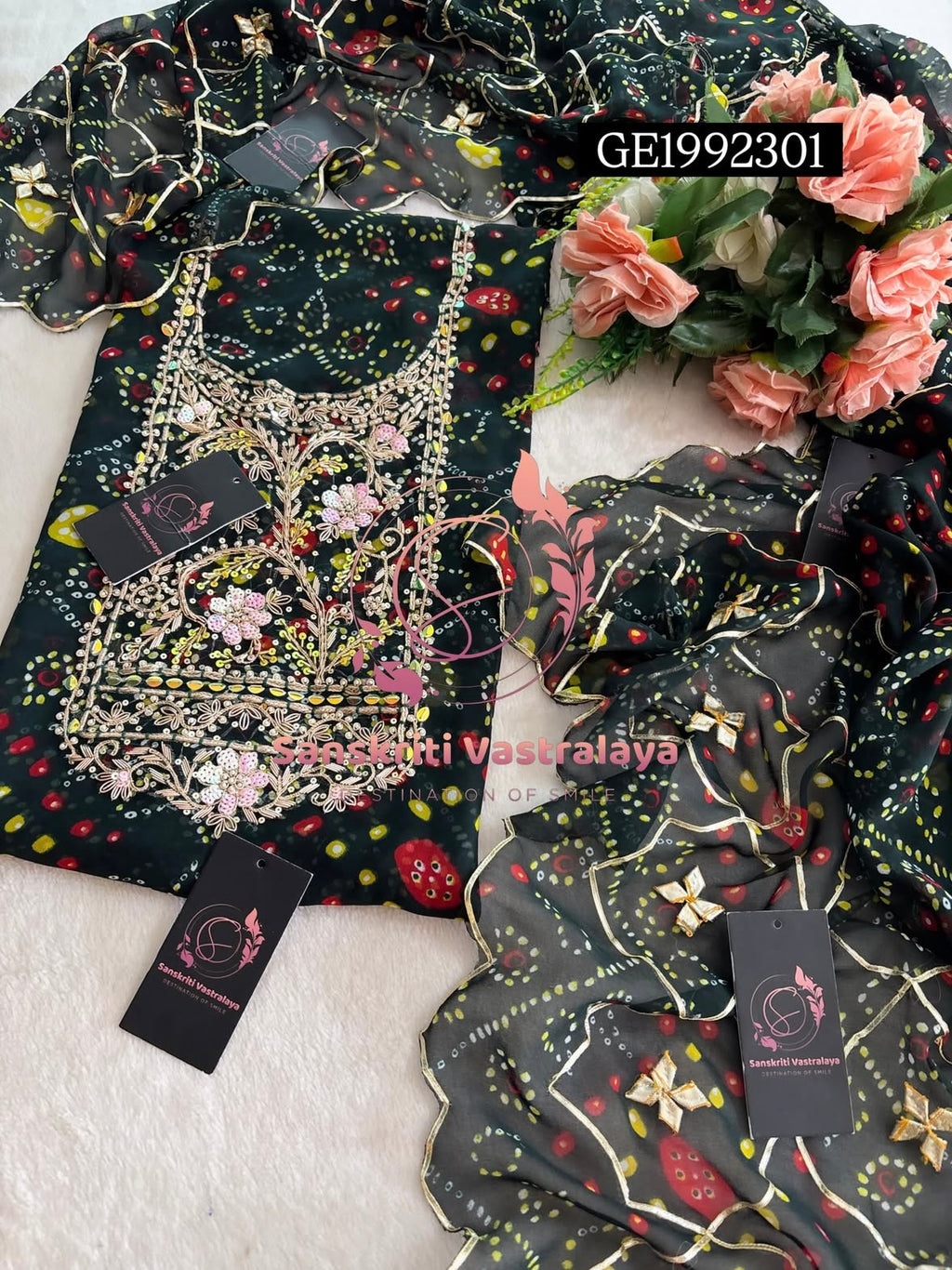 GEORGETTE Zardozi Handwork 3pc  BOTTLE GREEN  UNSTICHED Suit jaipuri GOTA PATTI  GE1992301