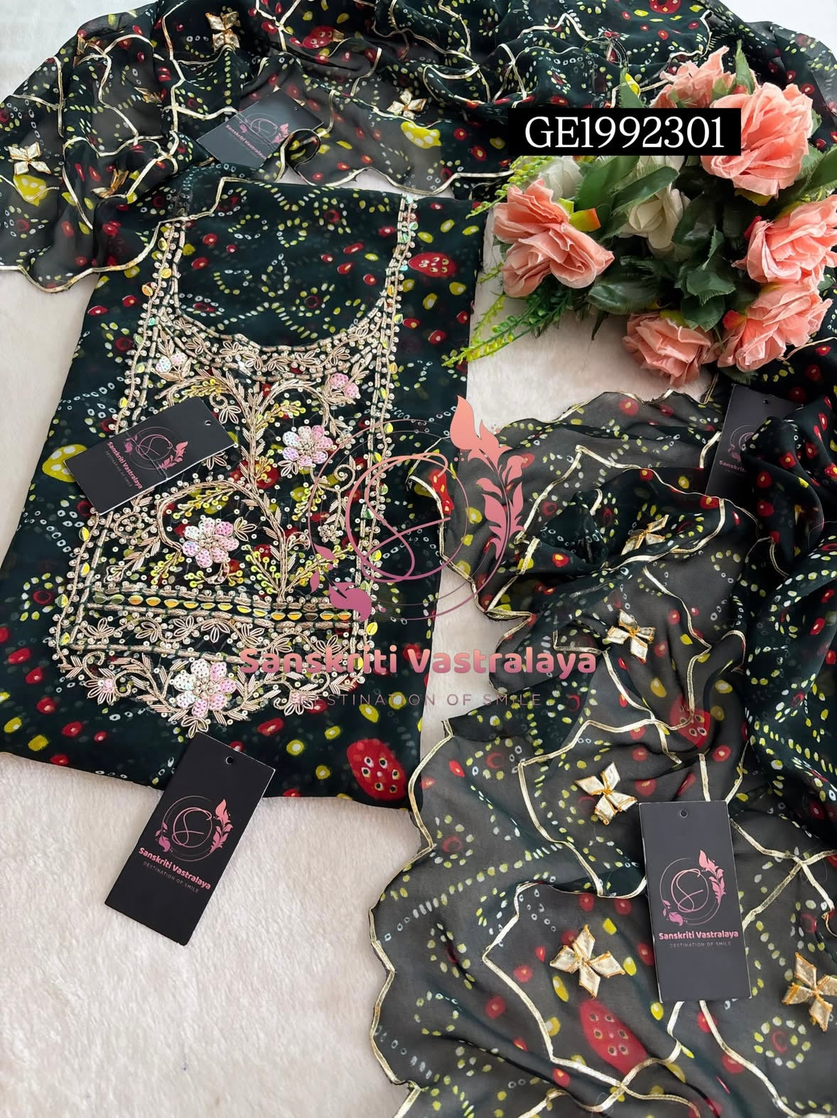 GEORGETTE Zardozi Handwork 3pc  BOTTLE GREEN  UNSTICHED Suit jaipuri GOTA PATTI  GE1992301