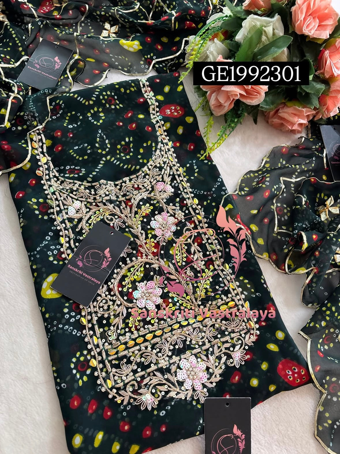 GEORGETTE Zardozi Handwork 3pc  BOTTLE GREEN  UNSTICHED Suit jaipuri GOTA PATTI  GE1992301