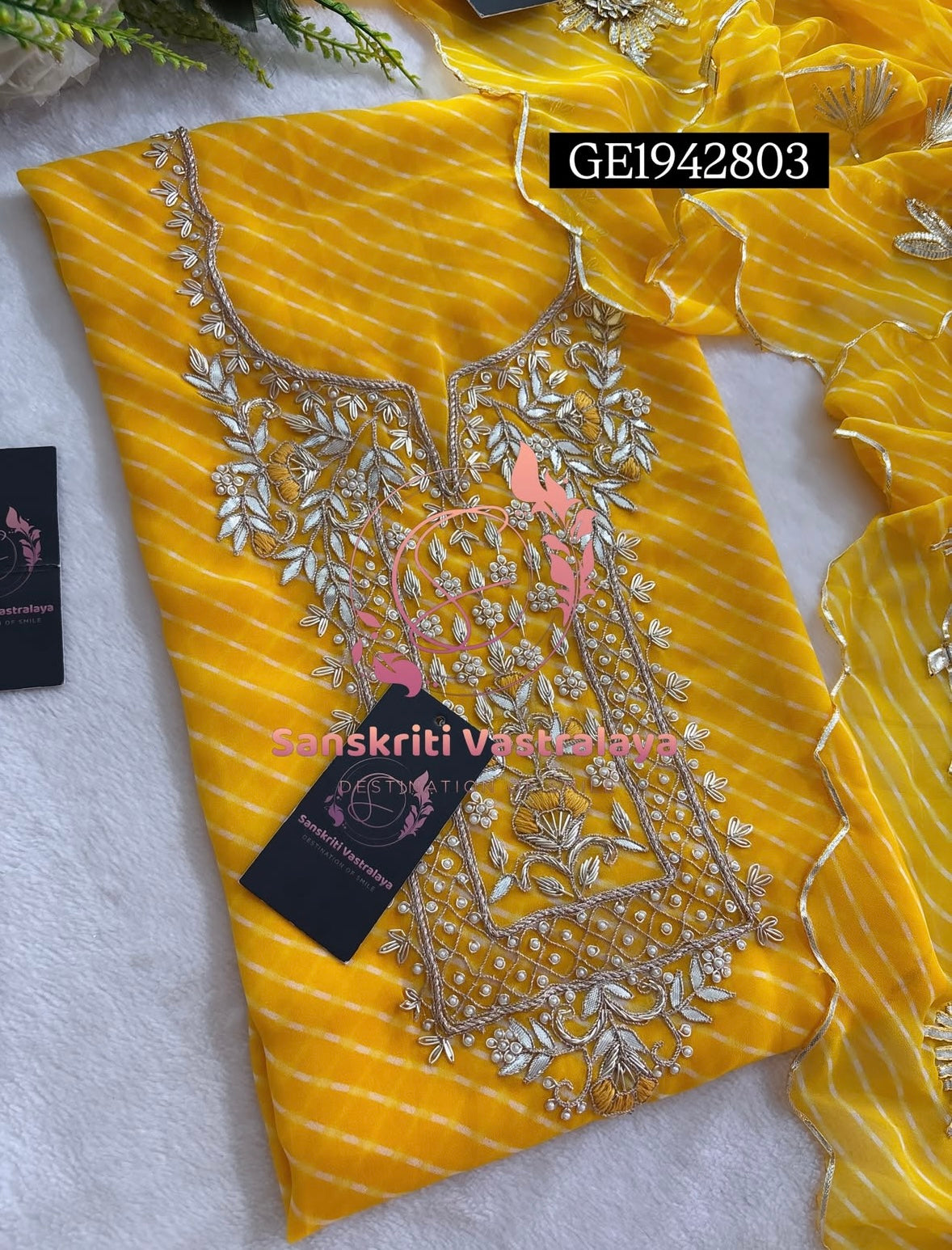 GEORGETTE Zardozi Handwork 3pc YELLOW  UNSTICHED Suit Jaipuri GOTA PATTI GE1942803