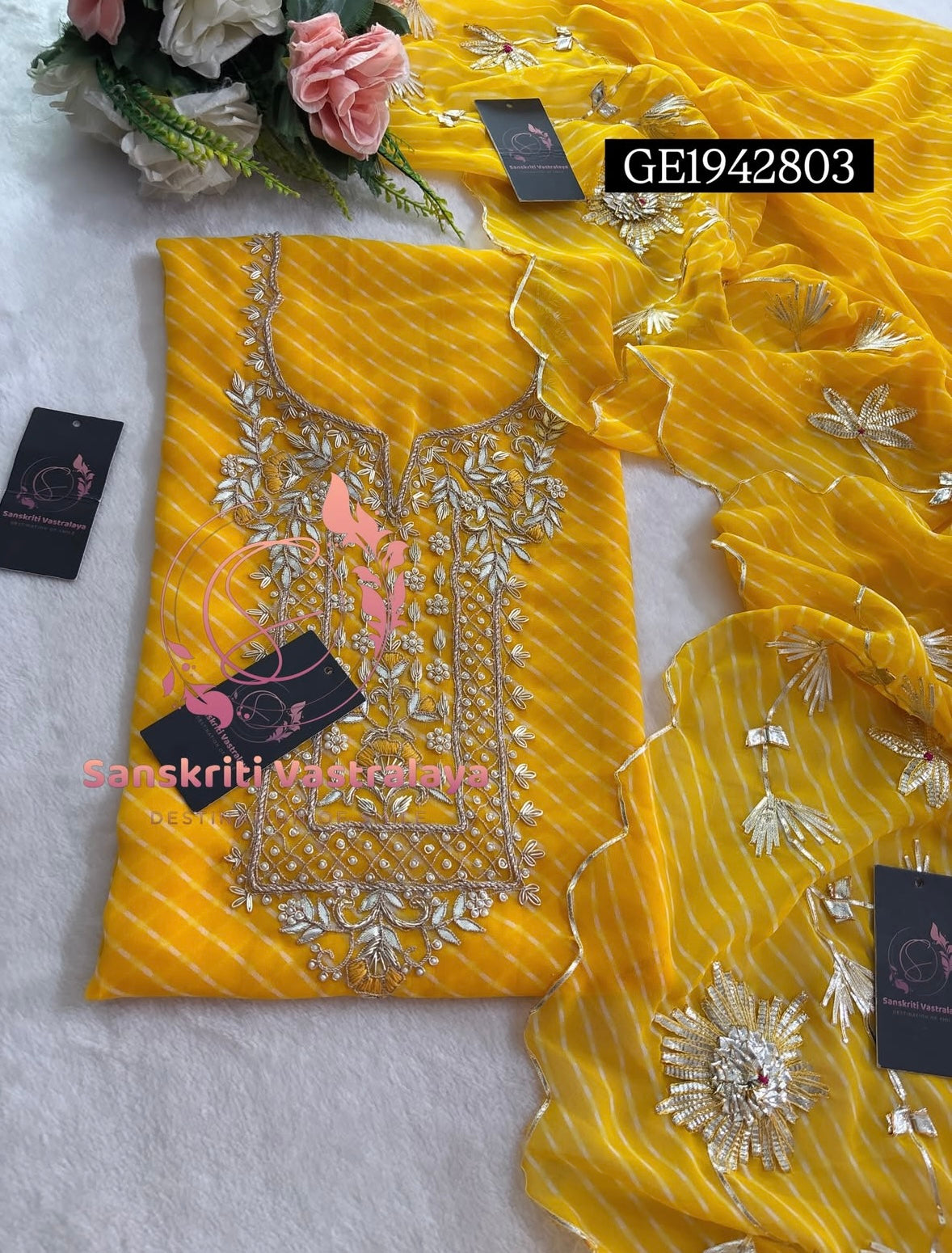 GEORGETTE Zardozi Handwork 3pc YELLOW  UNSTICHED Suit Jaipuri GOTA PATTI GE1942803