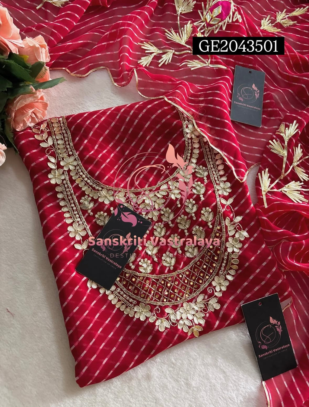 GEORGETTE Zardozi Handwork 3pc RED  UNSTICHED Suit Jaipuri GOTA PATTI GE2043501