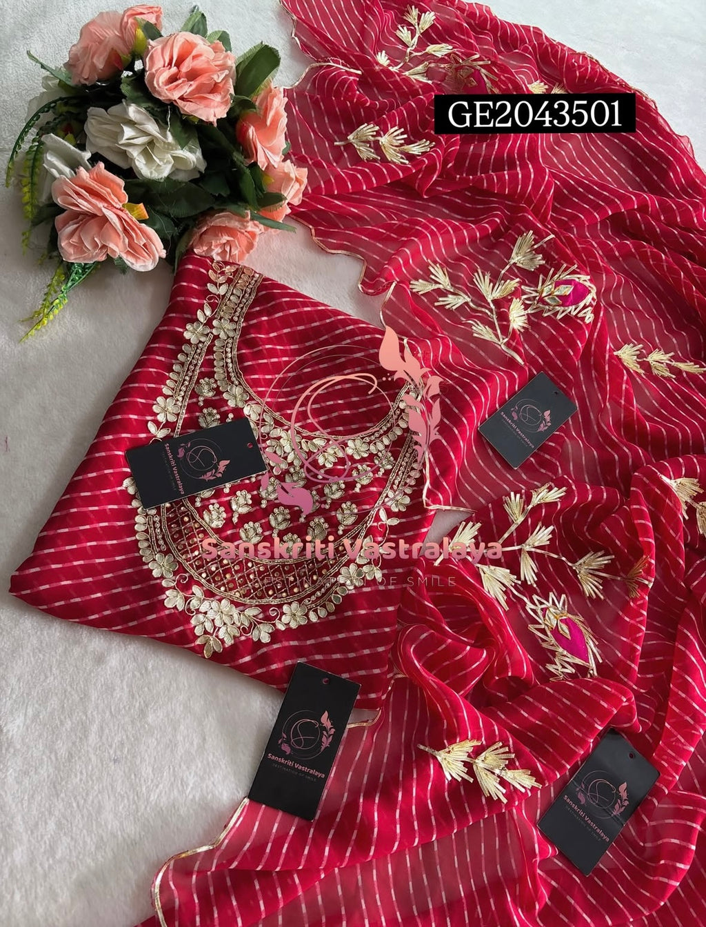 GEORGETTE Zardozi Handwork 3pc RED  UNSTICHED Suit Jaipuri GOTA PATTI GE2043501