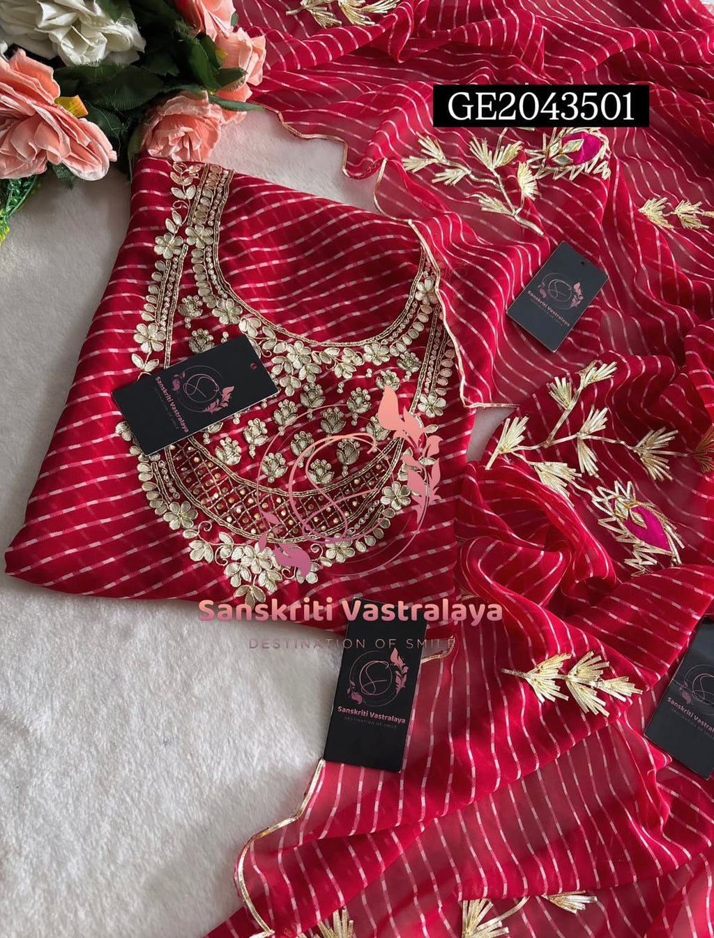 GEORGETTE Zardozi Handwork 3pc RED  UNSTICHED Suit Jaipuri GOTA PATTI GE2043501
